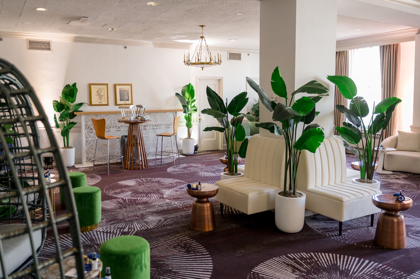 room with white couches and green plants and wood tables