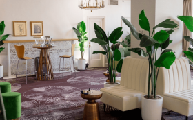 AFR Wellness Lounge white couches green stools and plants in white pots